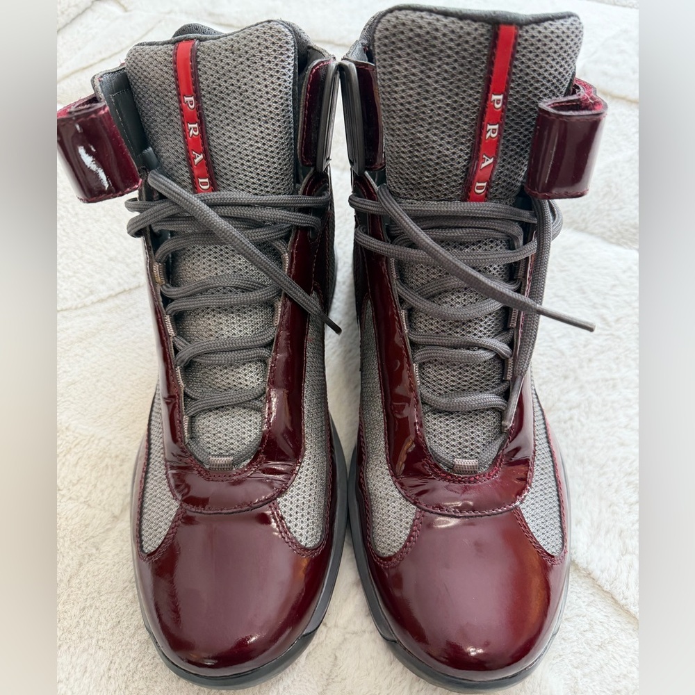 Prada America's Cup High Top Sneakers Burgundy Maroon Patent Shoes 8.5/9.5 - Picture 4 of 13